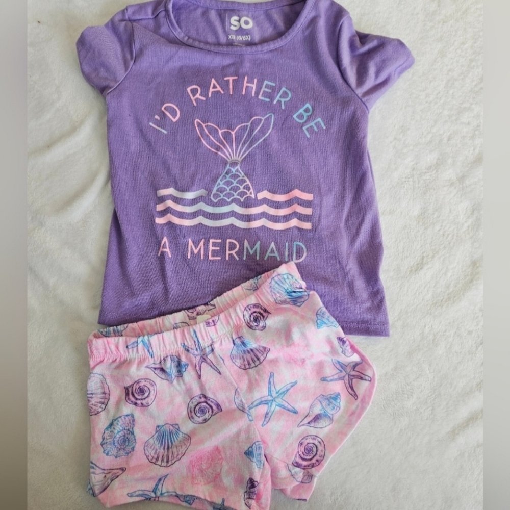 Girls Mermaid Outfit | T-Shirt & Shorts | XS 6/6X | 2 Piece Set | Summer